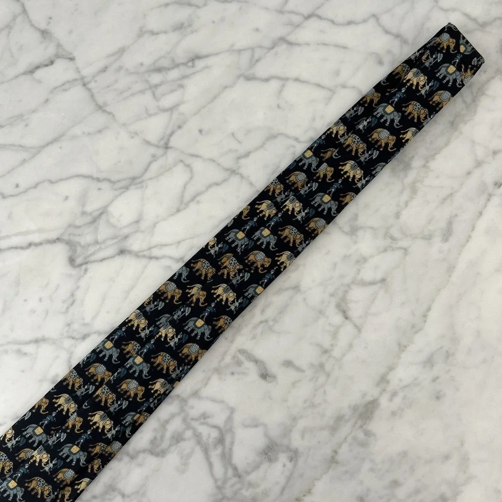 Jim Thompson 100% Silk Tie Whimsical Elephants Animal Print Blue & Tan